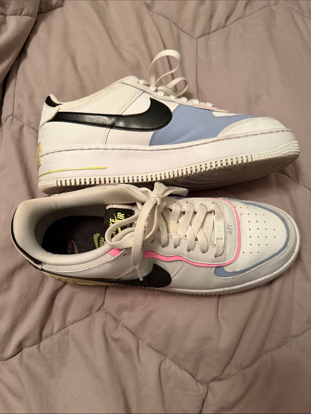 Nike Air Force 1 Low White with Black Swoosh, Light Blue & Pink Accents